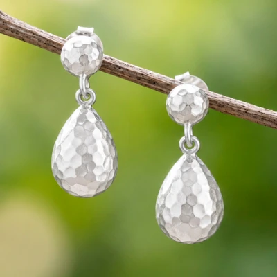 Sterling silver dangle earrings, 'Symmetry Dew' - Minimalist Textured Drop-Shaped Dangle Earrings from Bali