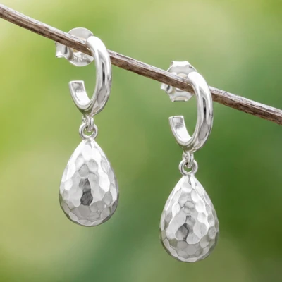 Sterling silver dangle earrings, 'Symmetry Sense' - Geometric Textured Drop-Shaped Sterling Silver Earrings