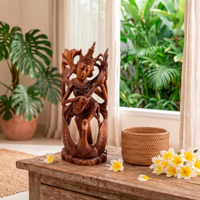 Wood sculpture, 'Divine Saraswati' - Balinese-Made Carved Wood Sculpture of Goddess Saraswati