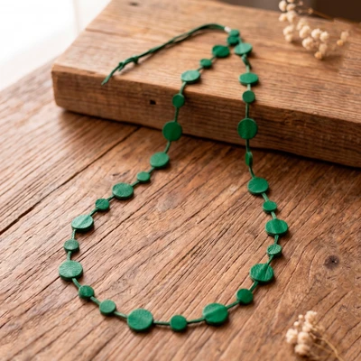 Leather station necklace, 'Moonlit Green' - Long Station Necklace with Leather Round Pendants in Green