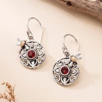 Gold-accented garnet dangle earrings, 'Dragonfly in Love' - Spring-Themed Garnet Earrings with 18k Gold-Plated Accents