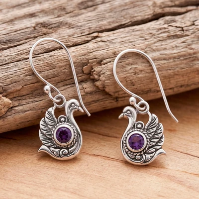 Amethyst dangle earrings, 'Enchanted Lake' - Round Amethyst and Sterling Silver Swan Dangle Earrings