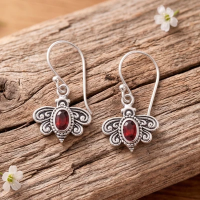Garnet dangle earrings, 'Fluttering Affection' - Folk Art-Inspired Natural Garnet Dragonfly Dangle Earrings