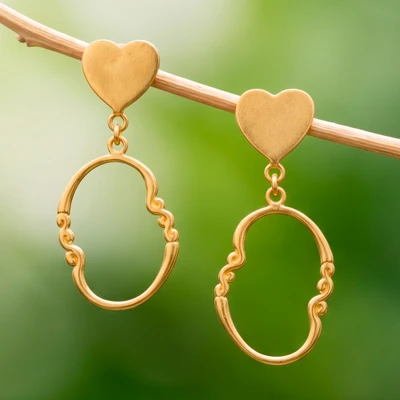 Gold-plated dangle earrings, 'Winds of Love' - Romantic 18k Gold-Plated Dangle Earrings with Heart Accents