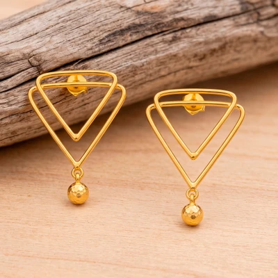 Gold-plated dangle earrings, 'Deep Glow' - Avant-Garde 18k Gold-Plated Brass Triangle Dangle Earrings