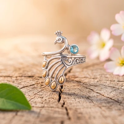 Gold-accented blue topaz cocktail ring, 'Wonderful Peacock' - Blue Topaz Silver Peacock Cocktail Ring with Golden Accents