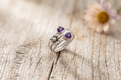 Gold-accented amethyst stacking rings, 'Three Charms' (set of 3) - Set of 3 Amethyst Silver Stacking Rings with 18k Gold Accent