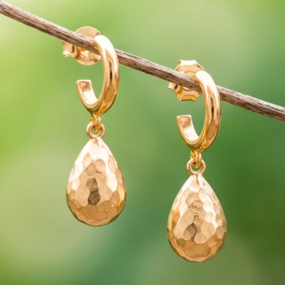 Gold-plated dangle earrings, 'Prodigy Sense' - Textured Drop-Shaped Dangle Earrings with 18k Gold Plating
