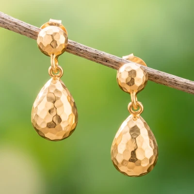 Gold-plated dangle earrings, 'Prodigy Dew' - Avant-Garde 18k Gold-Plated Drop-Shaped Dangle Earrings