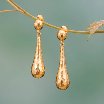 Gold-plated dangle earrings, 'Miraculous Waters' - 18k Gold-Plated Drop-Shaped Earrings with Matte Accents
