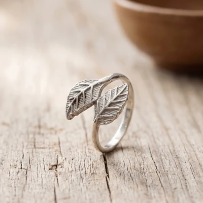 Sterling silver cocktail ring, 'Frangipani Leaves' - Nature-Inspired Silver Cocktail Ring with Textured Leaves