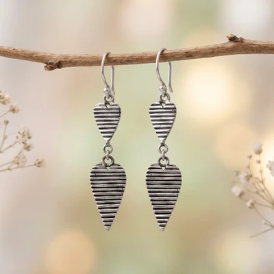 Sterling silver dangle earrings, 'Love Lines' - Heart-Shaped Silver Earrings with Engraved Horizontal Lines