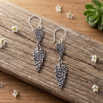 Sterling silver dangle earrings, 'Love Textures' - Textured Silver Dangle Earrings with Tiered Heart Motif
