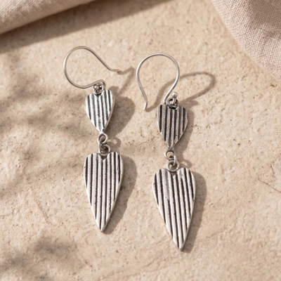 Sterling silver dangle earrings, 'Love Stripes' - Darkened Polished Silver Heart Earrings with Striped Motif