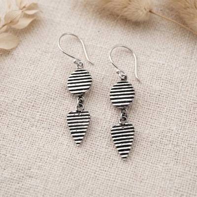 Sterling silver dangle earrings, 'Big Sensations' - Polished & Oxidized Striped Sterling Silver Dangle Earrings