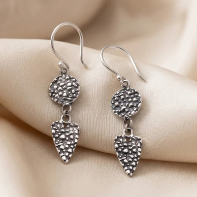 Sterling silver dangle earrings, 'Endearing Sensations' - Silver Earrings with Textured Round and Heart Accents