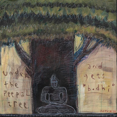 'The Meditation' - Man Meditating under Sacred Fig Tree Acrylic Pencil Artwork