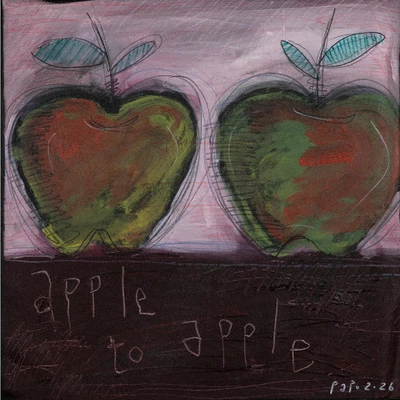 'Apple to Apple' - Naif-Style Modern Acrylic and Pencil Painting of Two Apples