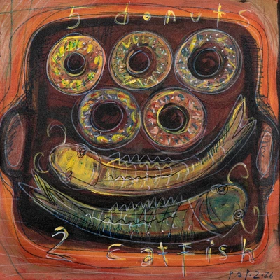 'Five Donuts and Two Catfish' - Pop Art Acrylic Pencil Painting of 5 Donuts and 2 Catfish