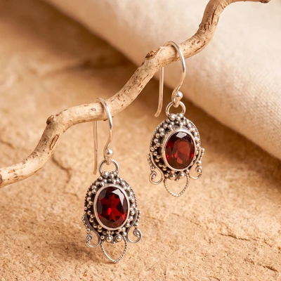 Garnet dangle earrings, 'Crimson Devotion' - Silver Earrings with Garnet Stones and Granulation Accents