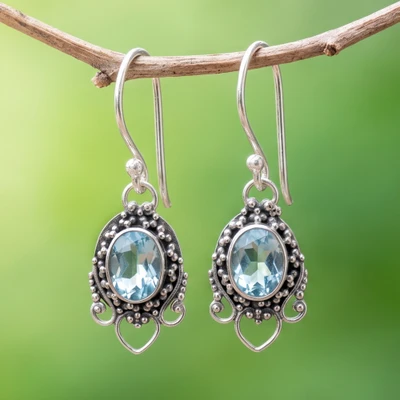 Blue topaz dangle earrings, 'Azure Devotion' - Silver Dangle Earrings with 3-Carat Oval Blue Topaz Stones