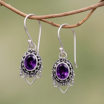 Amethyst dangle earrings, 'Purple Devotion' - Granulated Silver Earrings with 3.5-Carat Amethyst Gemstones
