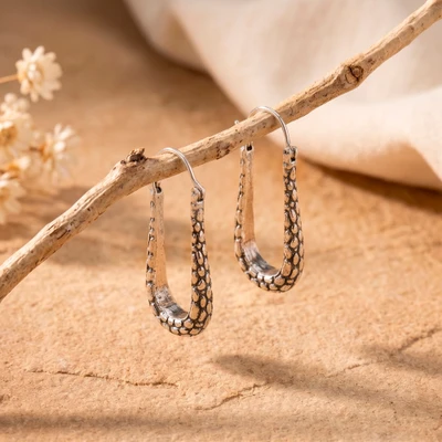 Sterling silver hoop earrings, 'Trendy Texture' - U-Shaped Pebbled-Patterned Textured Silver Hoop Earrings