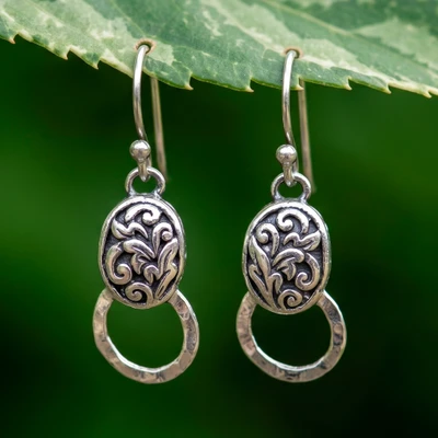 Sterling silver dangle earrings, 'Floral Classic' - Textured Oxidized Silver Earrings with Botanical Patterns