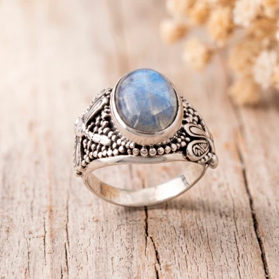 Rainbow moonstone cocktail ring, 'Dragonfly Moonlight' - Dragonfly-Themed Natural Rainbow Moonstone Cocktail Ring