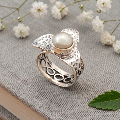 Cultured pearl cocktail ring, 'Textured Petals' - Floral Textured Openwork Cultured Pearl Silver Cocktail Ring