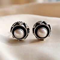 Cultured pearl button earrings, 'Pearly Soul' - Folk Art-Themed Natural Silver-White Cultured Pear Earrings