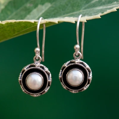 Cultured pearl dangle earrings, 'Pearly Spirit' - Polished and Oxidized Earrings with Silver-White Pearls
