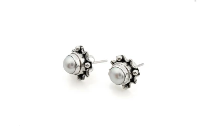 Cultured pearl button earrings, 'Ocean Nimbus' - Natural Cultured Pearl Button Earrings in Silver-White Hues