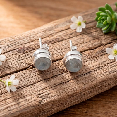 Rainbow moonstone stud earrings, 'Precious Essentials' - Silver Stud Earrings with Round Rainbow Moonstone Gems