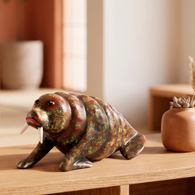 Wood sculpture, 'Walrus Portrait' - Sea Life-Themed Hand-Painted & -Carved Wood Walrus Sculpture