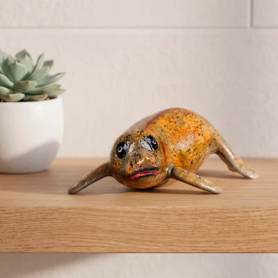 Wood sculpture, 'Sea Roar' - Nature-Themed Hand-Painted Suar Wood Baby Sea Lion Sculpture