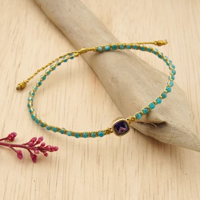 Gold-accented apatite beaded pendant bracelet, 'Manifesting Luxe' - Apatite Beaded Bracelet with Square Glass Pendant in Blue