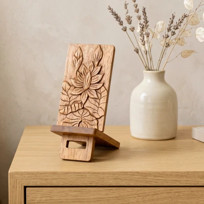 Wood phone stand, 'Heliconia Garden' - Floral Wood Phone Stand with Slot-and-Tab Detachable Design