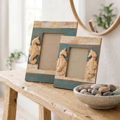 Wood photo frames,'Seahorse Memories' (4x6 and 3x5) - 4x6 and 3x5 Seahorse Distressed Vertical Wood Photo Frames