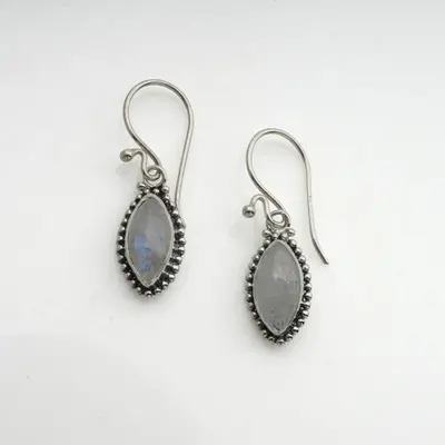 Rainbow moonstone dangle earrings, 'Opalescent Opulence' - Marquise-Shaped Rainbow Moonstone Silver Dangle Earrings