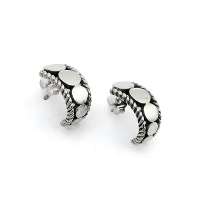 Sterling silver half-hoop earrings, 'Bridge of Circles' - Silver Half-Hoop Earrings with Disc and Twisted Rope Accents