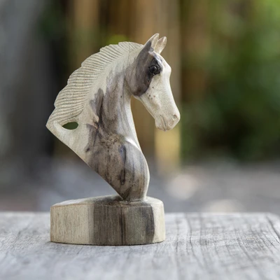 Hibiscus wood statuette, 'Brawny Horse' - Horse Head Statuette and Bust Hand-Carved from Hibiscus Wood