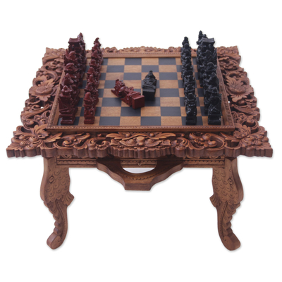 Wood chess set, 'Rama' - Religious Carved Chess Set