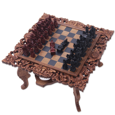 Wood chess set, 'Rama' - Religious Carved Chess Set