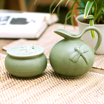 Ceramic sugar bowl and creamer, 'Dragonfly Fancy' - Ceramic Sugar Bowl and Creamer Set