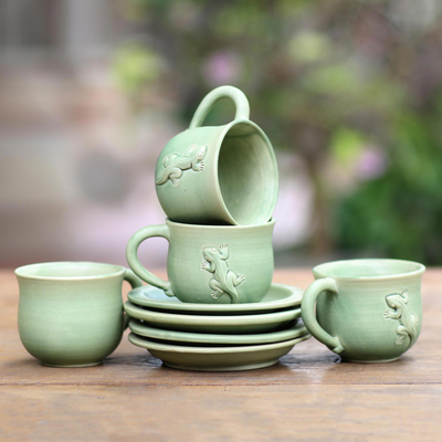 Ceramic teacups, 'Gecko and Co.' (set for 4) - Green Ceramic Cups and Saucers (Set of 4)