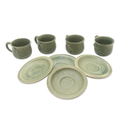 Tazas de cerámica, (set para 4) - Tazas y platillos de cerámica verde (juego de 4)