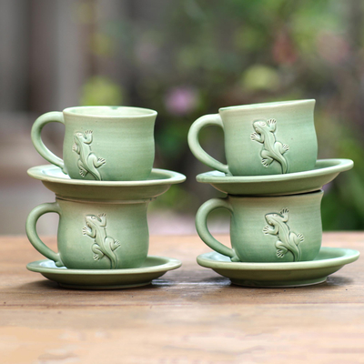 Teetassen aus Keramik, (Set für 4) - Grüne Keramiktassen und Untertassen (4er-Set)