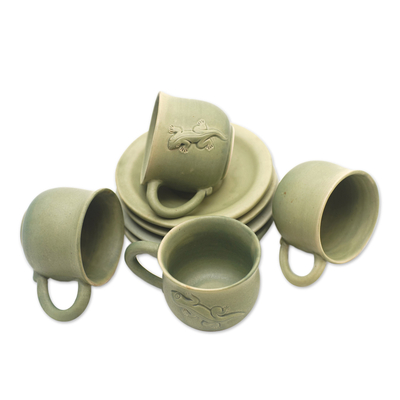 Teetassen aus Keramik, (Set für 4) - Grüne Keramiktassen und Untertassen (4er-Set)