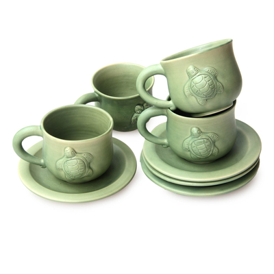 Ceramic cups and saucers, 'Turtle Action' (set for 4) - Ceramic Cups and Saucers (Set of 4)